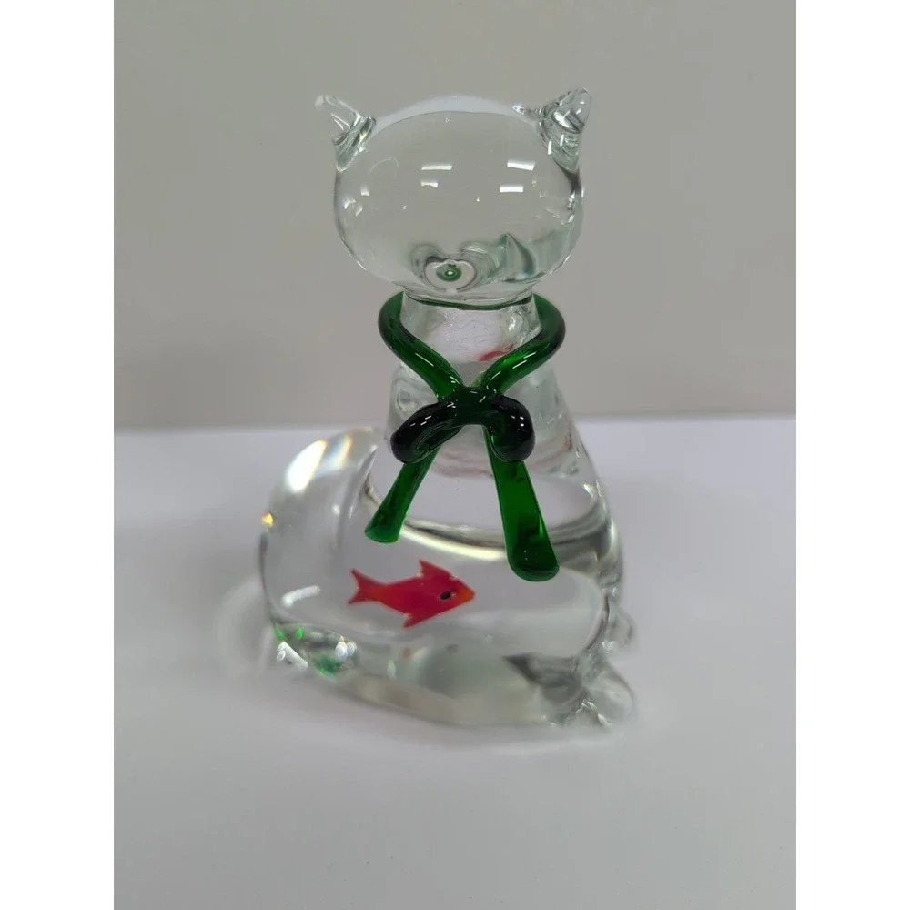 Studio Art‎ Glass Cat with Red Fish in Belly Green Bow Figurine Paperweight 5